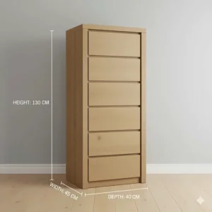 Diagram showing the height and slim width dimensions of a typical tallboy chest of drawers.