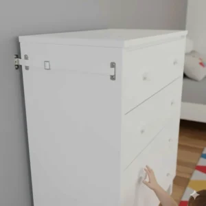 Illustration of a furniture wall anchor kit being used to secure a tallboy chest of drawers for child safety.