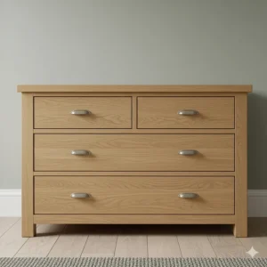 Front view of a traditional 5-drawer oak chest showing natural wood grain and dovetail joints.