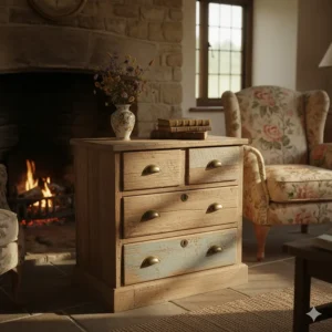 Reclaimed wood small chest of drawers with a rustic finish, ideal for a country cottage.