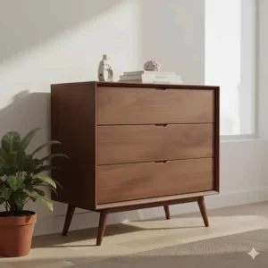 Mid-century inspired walnut finish modern chest of drawers with tapered legs and integrated finger pulls.