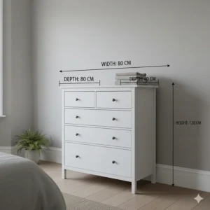 Illustration showing the height, width, and depth dimensions of a standard white chest of drawers.