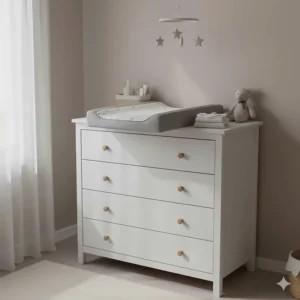 A versatile white chest of drawers used as a changing station in a neutral-toned baby nursery.