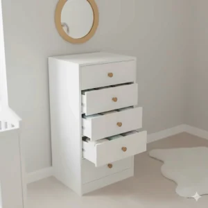 A white 5-drawer narrow chest of drawers used for storing baby clothes in a nursery.