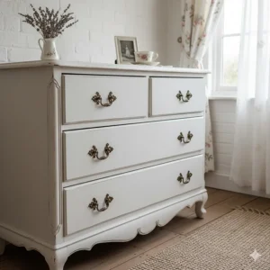 Vintage-style white shabby chic chest of drawers with decorative handles and a distressed finish.