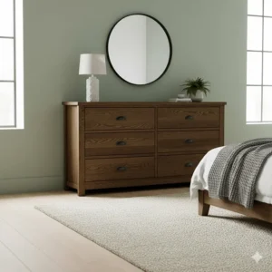 A wide, six-drawer rustic chest of drawers providing ample storage for a master bedroom.