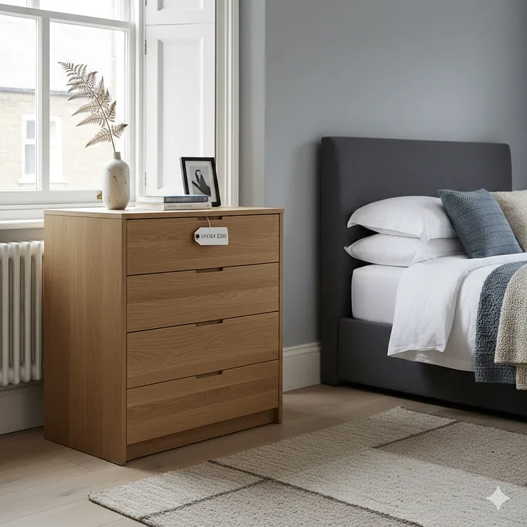 A stylish wooden 5-drawer chest of drawers under £200 styled in a modern British master bedroom. chest of drawers under £200
