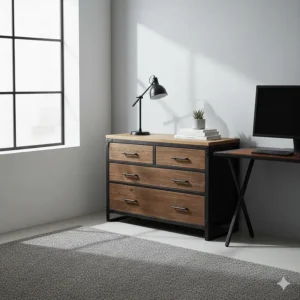 Modern industrial style black chest of drawers under £100 for a contemporary home office.