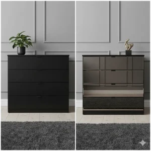 A comparison of a matte black painted wood chest versus a smoked glass mirrored chest of drawers.