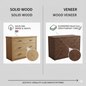 A decorative chest of drawers featuring a symmetrical book-matched wood veneer pattern, showcasing the aesthetic versatility of veneers.