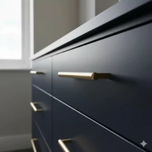 Detailed shot of elegant brushed brass handles on a dark navy luxury chest of drawers.