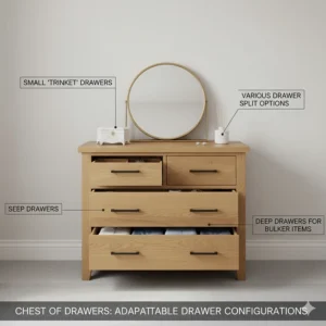 Alt text for image 7 An illustration showing different drawer layouts, including small top trinket drawers and deep bottom drawers for bulkier items.