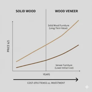 A chart comparing the initial purchase price and long-term value of veneer furniture versus a solid wood investment.