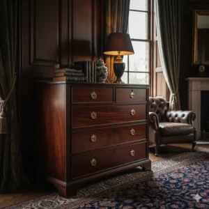 A classic dark mahogany natural wood chest of drawers with brass handles in a traditional British study featuring wood panelling.