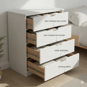 Diagram showing the storage capacity of a deep 5-drawer chest for folded clothes and linens.