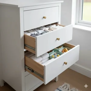 Open drawers of a nursery chest showing folded baby grows and muslin cloths.