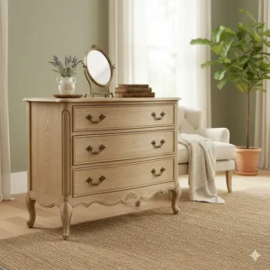Elegant French-style shabby chic chest of drawers with curved legs and a weathered oak top.