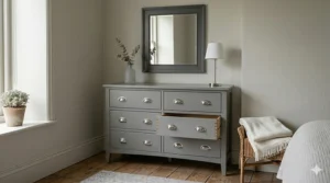 Modern dove grey painted Shaker chest of drawers featuring traditional dovetail joints.
