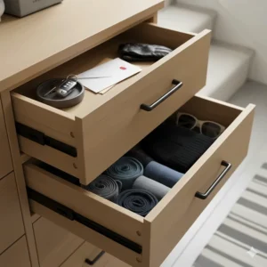 Close up of an organised hallway chest of drawers used for storing keys, mail, and winter accessories.