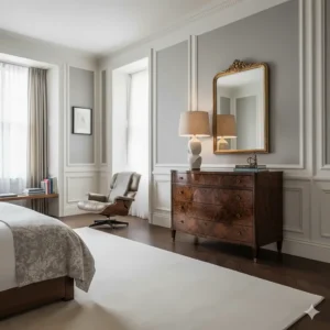 A bespoke luxury chest of drawers styled with a designer lamp and mirror in a London townhouse.