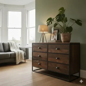 An industrial chest of drawers styled with a lamp and indoor plants in a British living room.