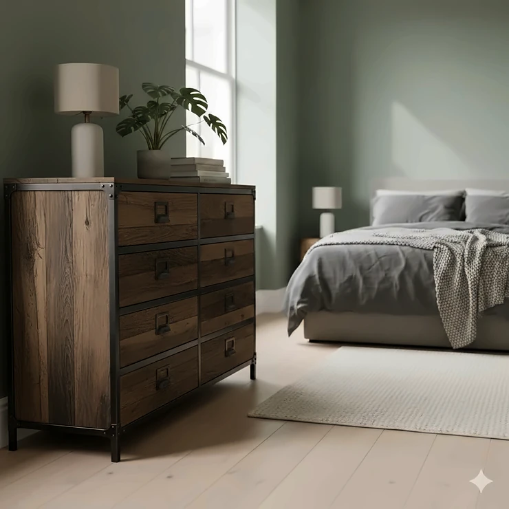 A large industrial chest of drawers with reclaimed wood and black metal frame in a modern UK bedroom. industrial chest of drawers