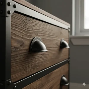 Close-up of a matte black cup handle on a textured wood industrial chest of drawers.