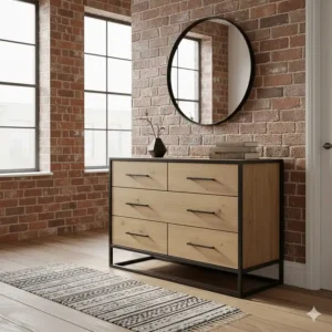 Industrial style reclaimed wood and metal chest of drawers for a loft-style hallway.