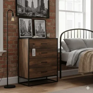 Industrial-style chest of drawers with metal frame and wood-effect finish for under £200.