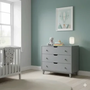 Simple grey chest of drawers for a child's nursery, priced under one hundred pounds.
