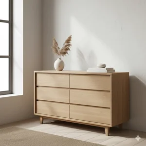 A minimalist light oak wood chest of drawers styled with a ceramic vase and books in a modern flat.