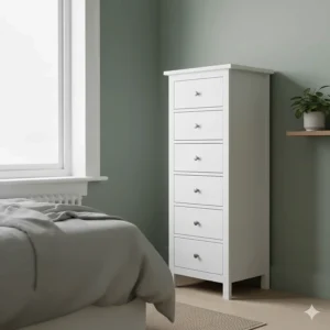 A low, wide grey chest of drawers positioned under a window to maximise light and storage in a small room.