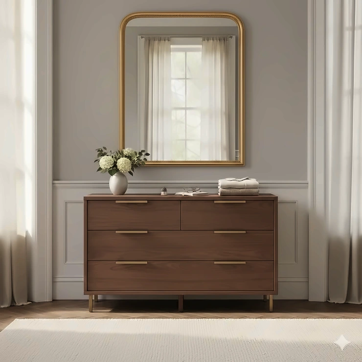 Handcrafted luxury chest of drawers in a contemporary British master bedroom with neutral decor. luxury chest of drawers