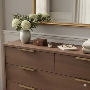 Top surface of a luxury chest of drawers decorated with a glass vase and jewellery box.