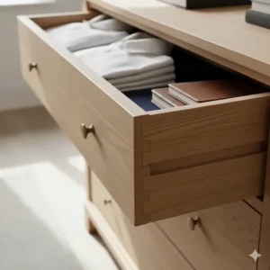 Interior view of a luxury chest of drawers showing traditional dovetail joints and solid wood lining.