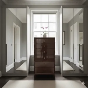 A slim luxury tallboy chest of drawers, ideal for saving space in a sophisticated dressing room.