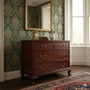 A classic dark wood mahogany chest of drawers positioned against a feature wall in a Victorian-style home.