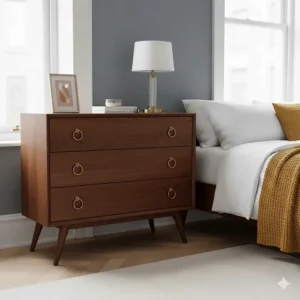 A mid-century walnut chest of drawers with vintage brass handles in a compact, stylish guest room.