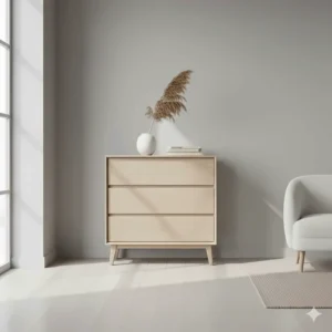A minimalist light ash wood chest of drawers featuring integrated finger pulls for a clean Scandi-style aesthetic.