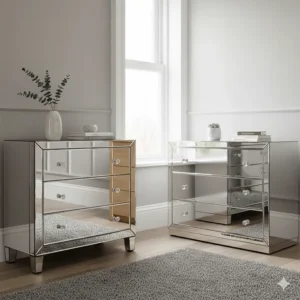 A 3-drawer mirrored chest reflecting light in a compact UK bedroom to create a sense of space.