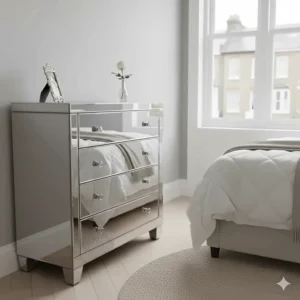 A mirrored 3-drawer chest reflecting light to make a small bedroom appear larger and more airy.