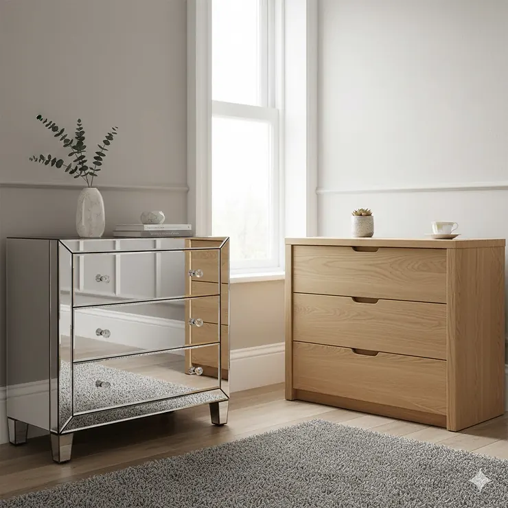 A side-by-side comparison of a modern mirrored chest of drawers and a traditional solid oak chest of drawers in a British bedroom. mirrored vs wood chest of drawers