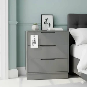 Grey 3-drawer chest of drawers with a matte finish, ideal for modern British bedroom decor.