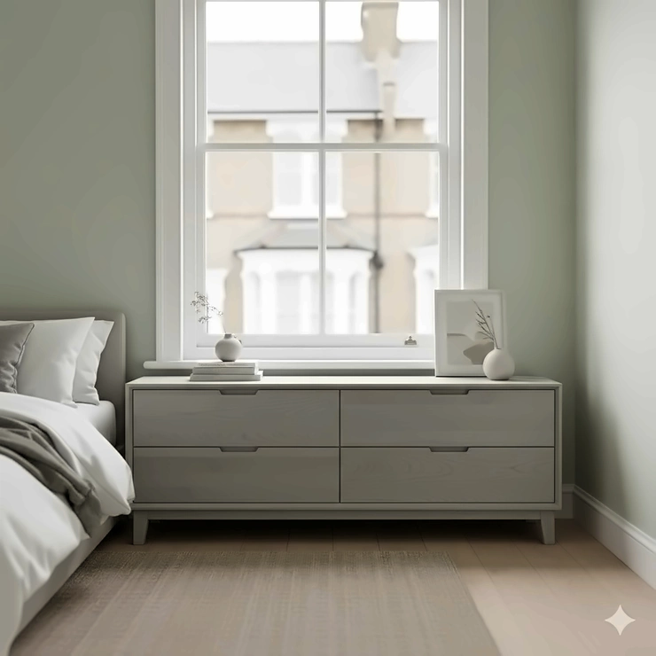 A slim, tall oak chest of drawers for a small bedroom, styled with a bedside lamp and books in a compact London flat. chest of drawers for small bedroom