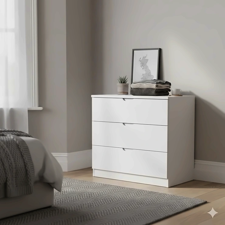 A stylish white 3-drawer chest of drawers under £100 styled in a modern British bedroom. chest of drawers under £100