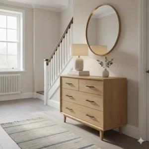 Space-saving narrow chest of drawers designed for small UK terraced house hallways.