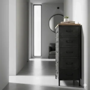 A slim industrial chest of drawers designed for a narrow hallway or compact apartment living.