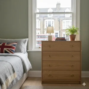 A white six-drawer tallboy chest designed to save floor space in a narrow British bedroom.