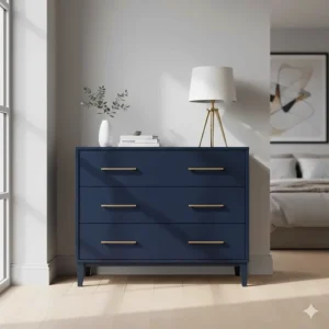 A contemporary navy blue painted chest of drawers with brushed gold handles against a neutral wall in a modern UK home.