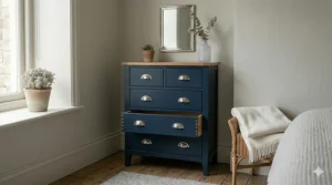 Deep navy blue Shaker chest of drawers with natural wood top and brass knobs.